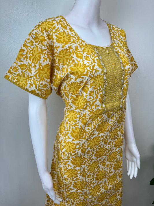Yellow A-Line Pattern Pure Cotton Nighty