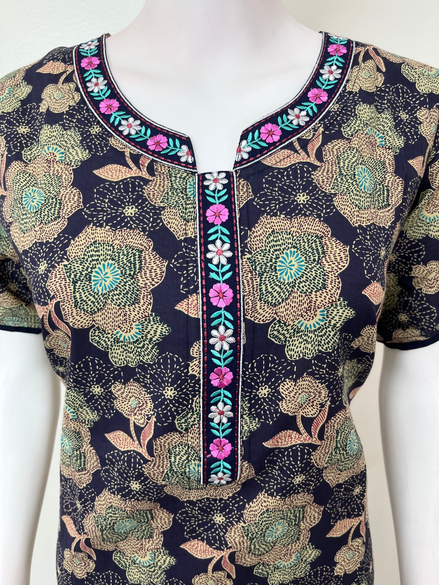 Navy Blue Embroidered Pure Cotton Nightgown