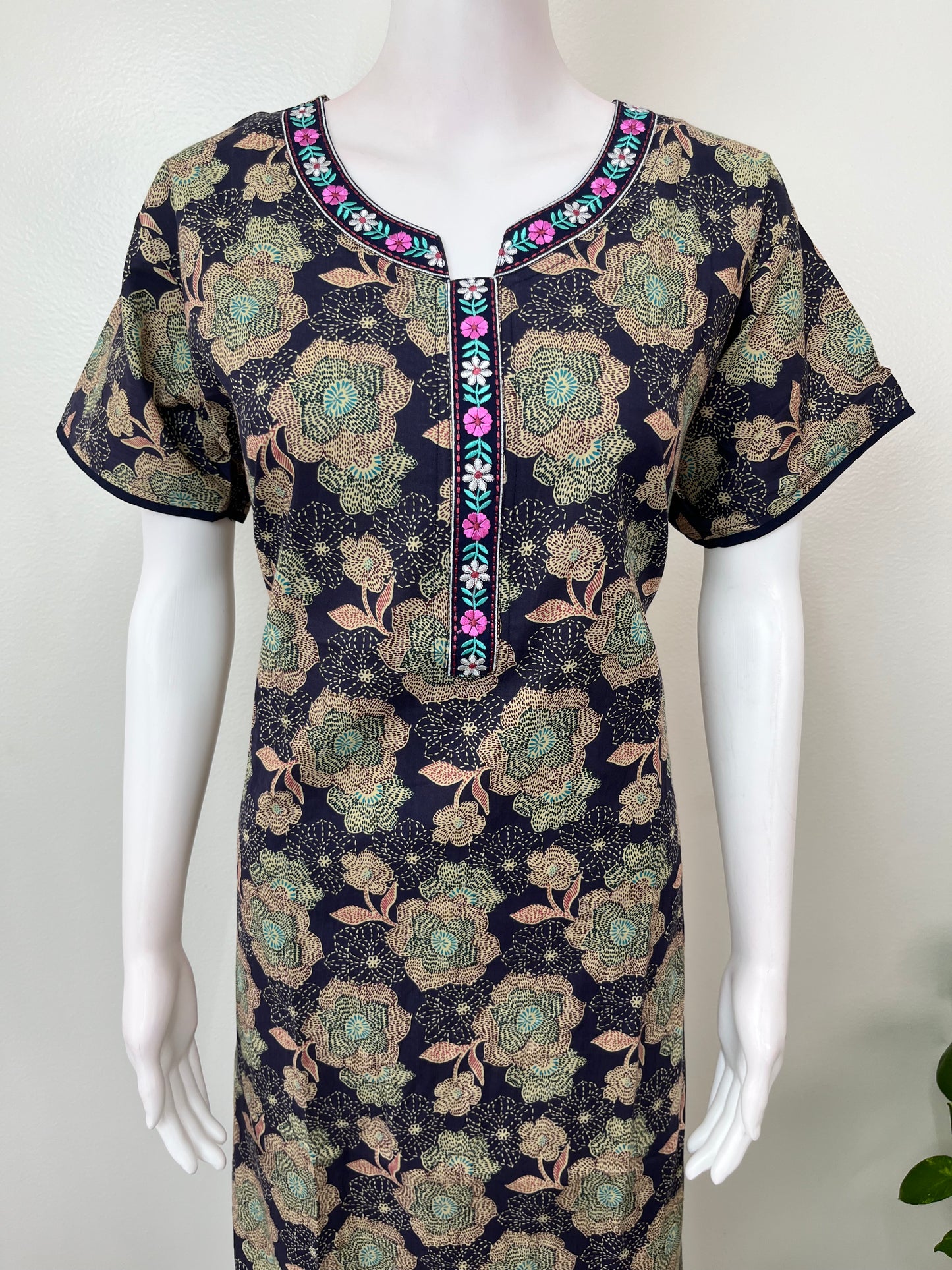 Navy Blue Embroidered Pure Cotton Nightgown