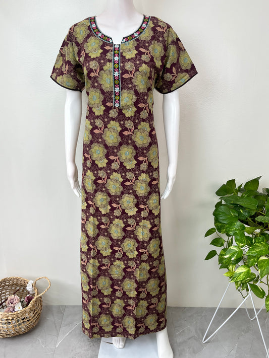 Wine Floral Printed 100% Cotton Nighty