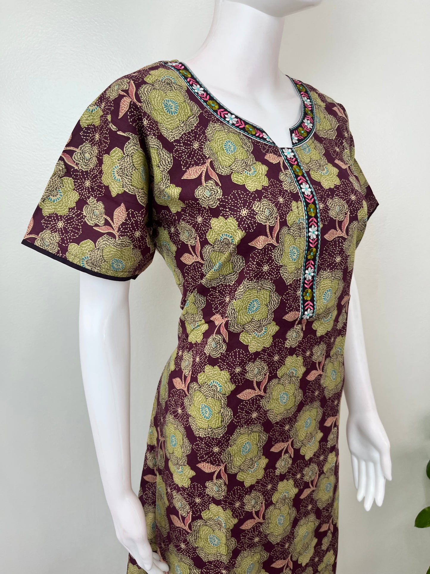 Wine Floral Printed 100% Cotton Nighty