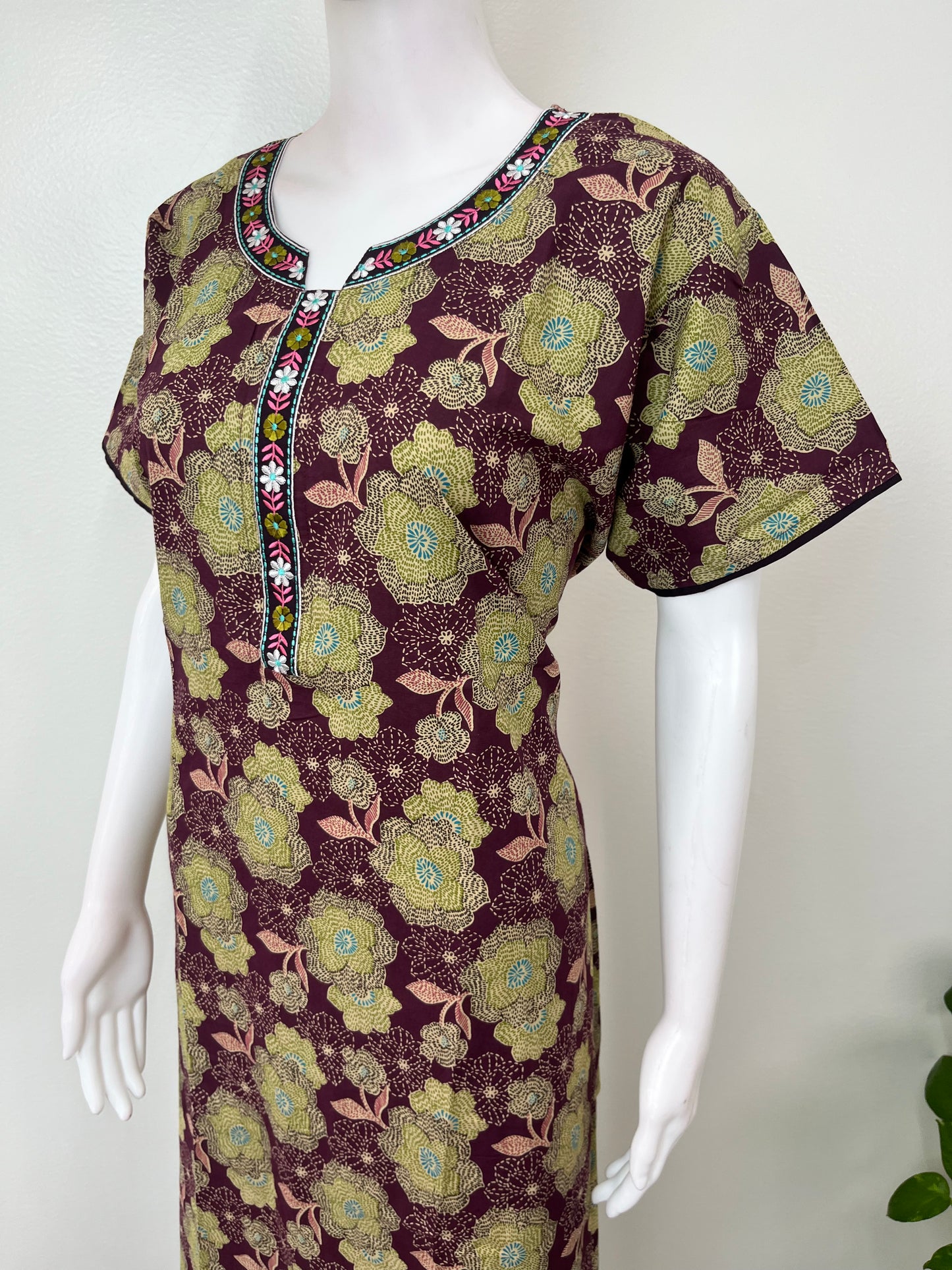 Wine Floral Printed 100% Cotton Nighty