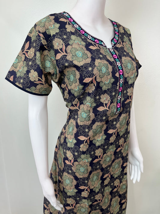 Navy Blue Embroidered Pure Cotton Nightgown