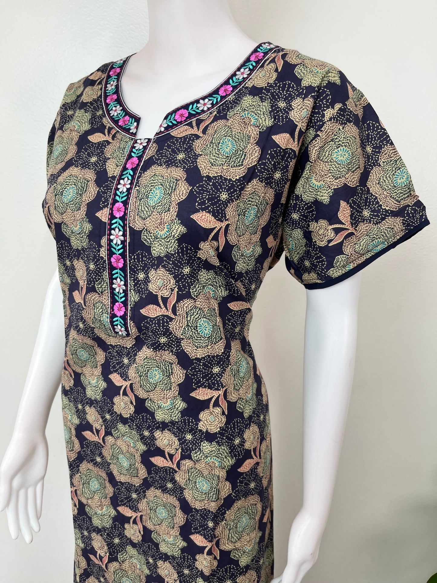 Navy Blue Embroidered Pure Cotton Nightgown
