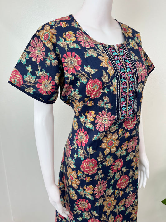 Navy Blue Floral Printed 100% Cotton Nightgown