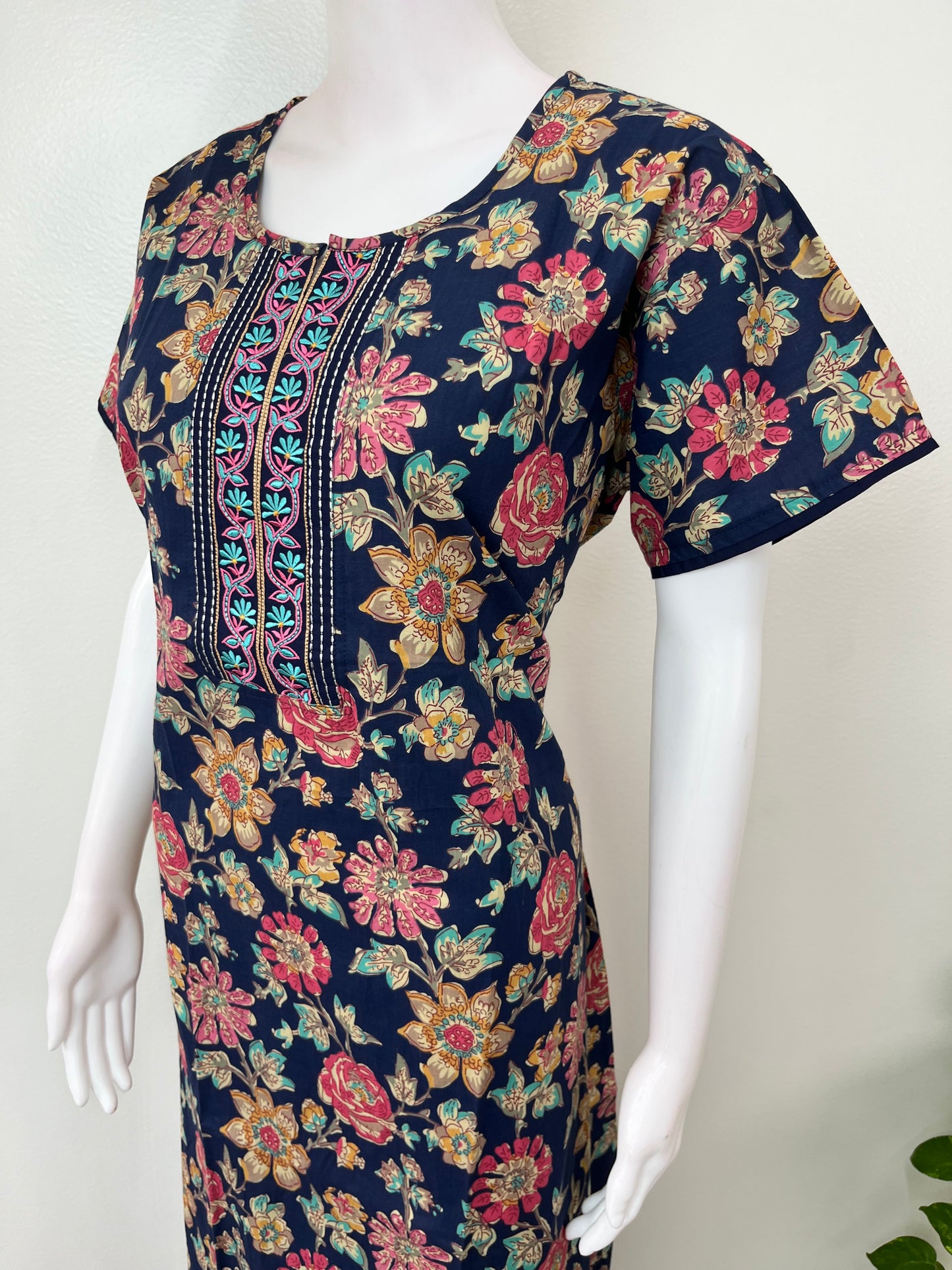 Navy Blue Floral Printed 100% Cotton Nightgown