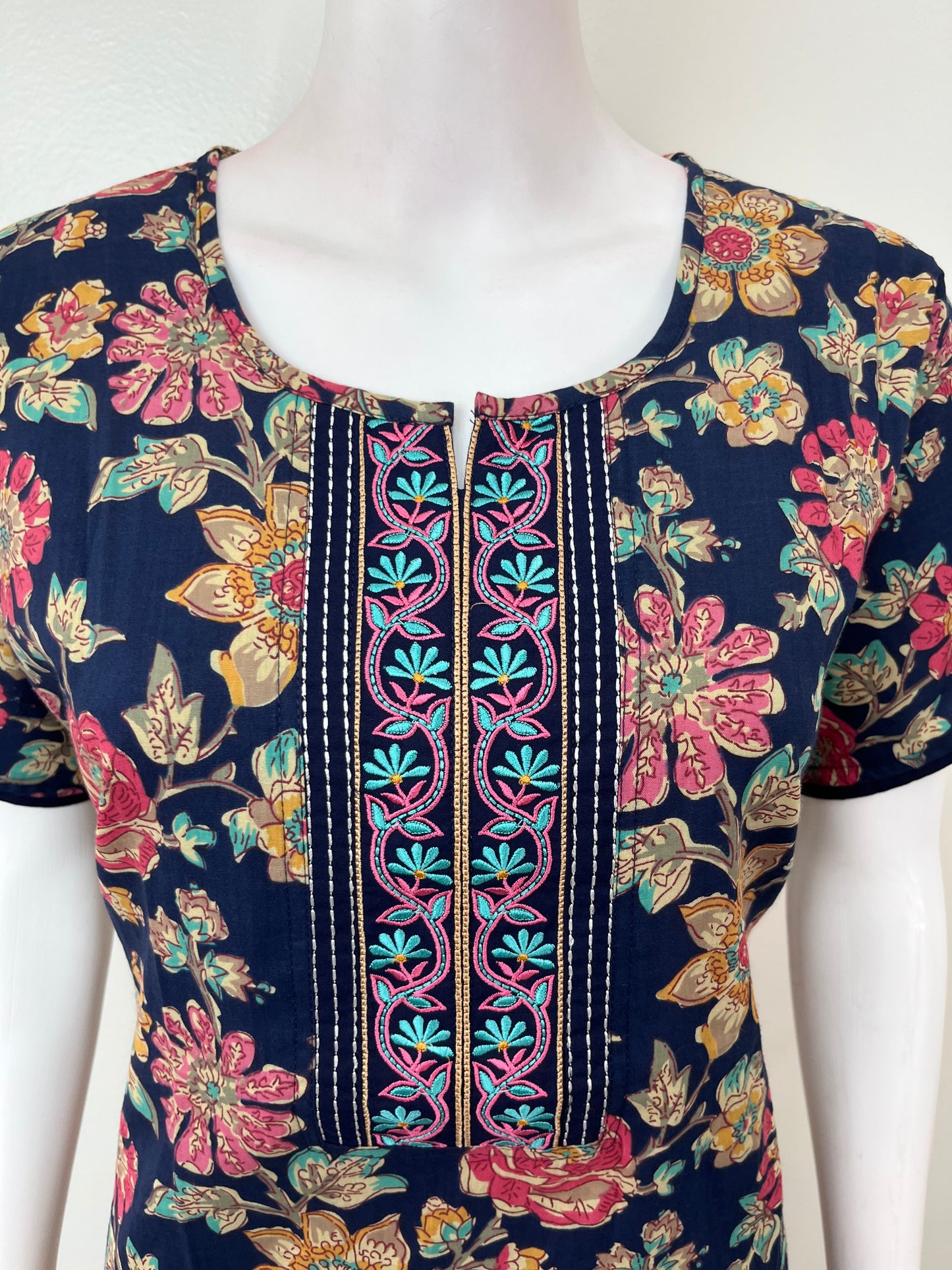 Navy Blue Floral Printed 100% Cotton Nightgown