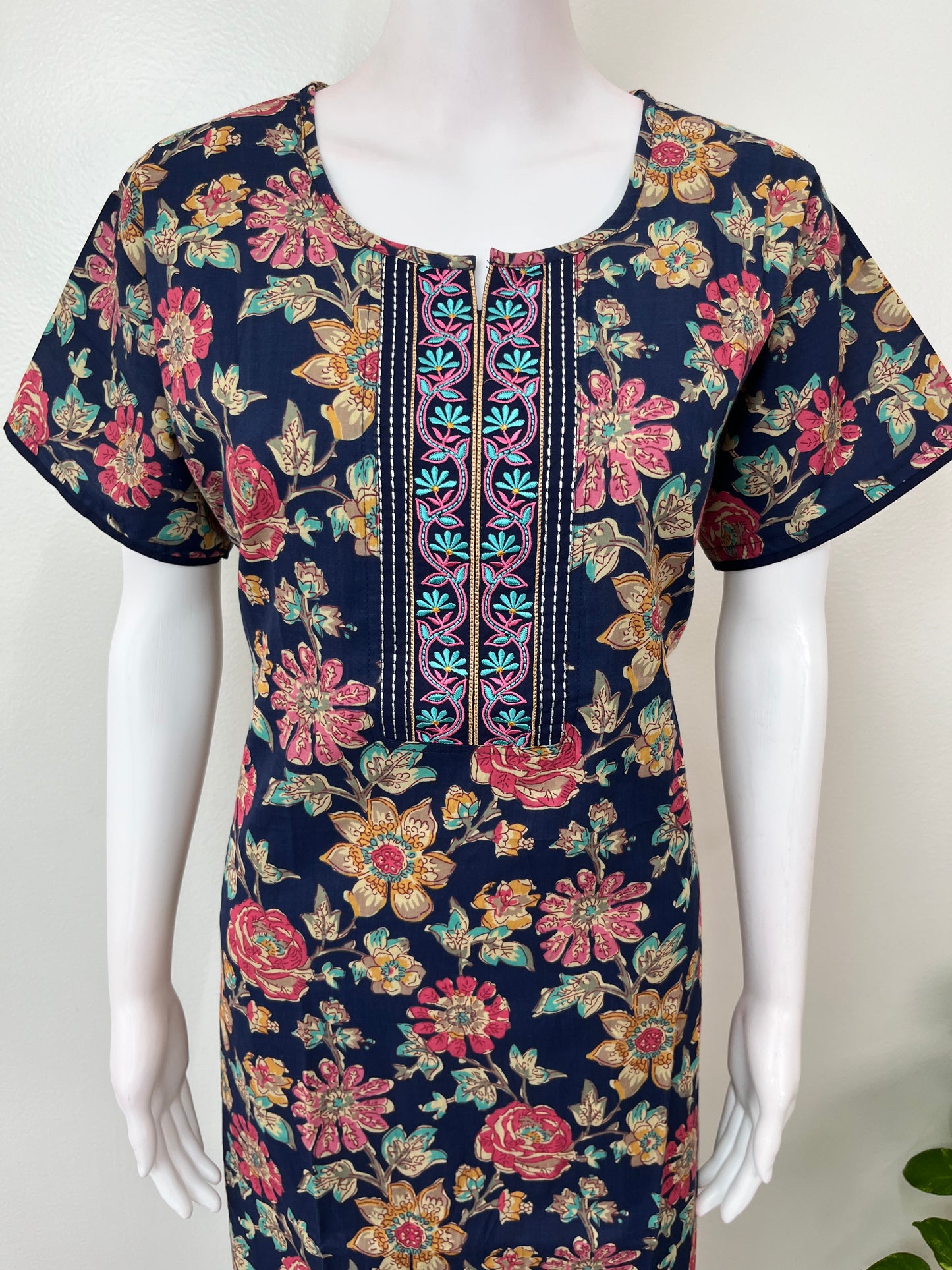 Navy Blue Floral Printed 100% Cotton Nightgown