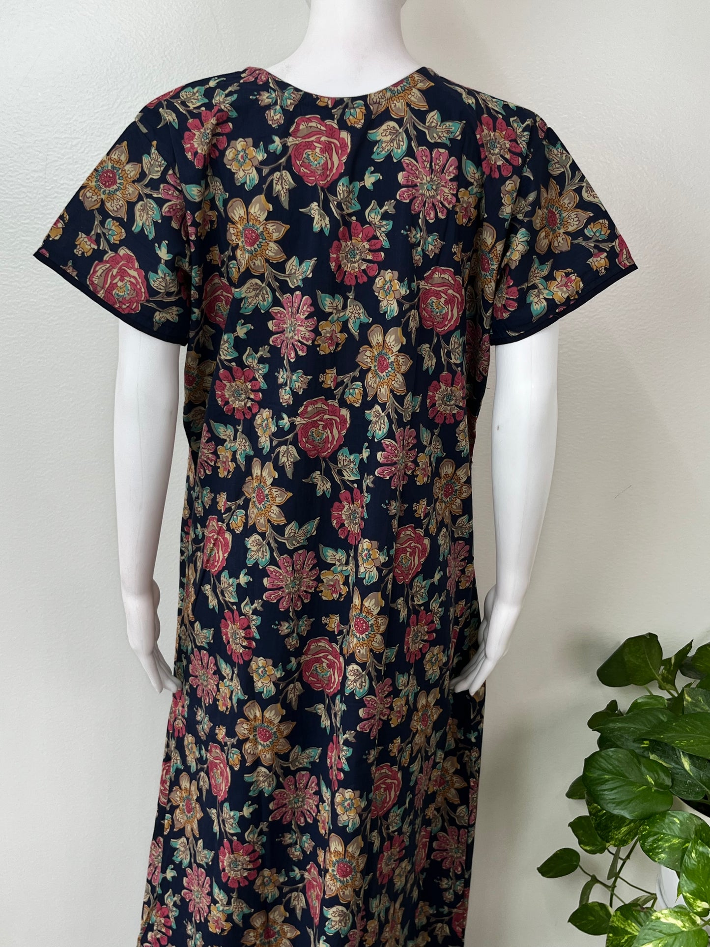 Navy Blue Floral Printed 100% Cotton Nightgown