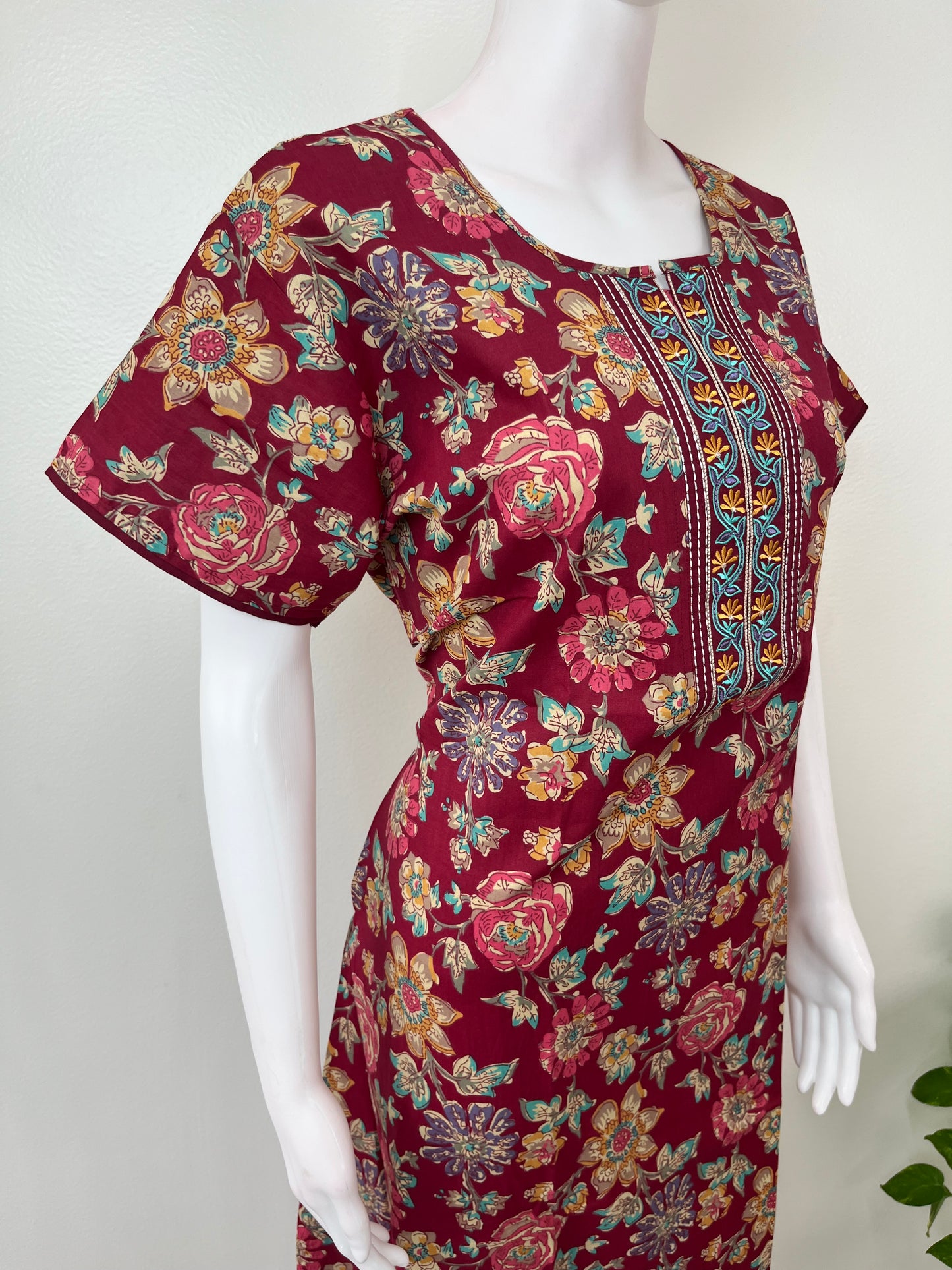 Maroon Floral Printed 100% Cotton Nightgown