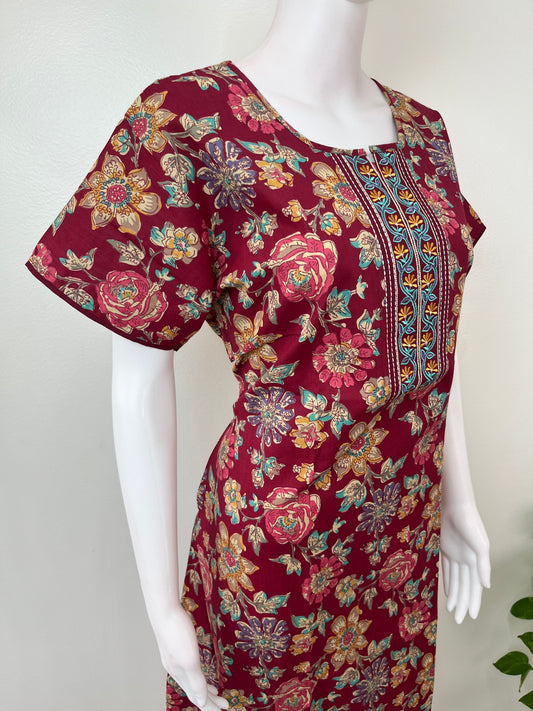 Maroon Floral Printed 100% Cotton Nightgown