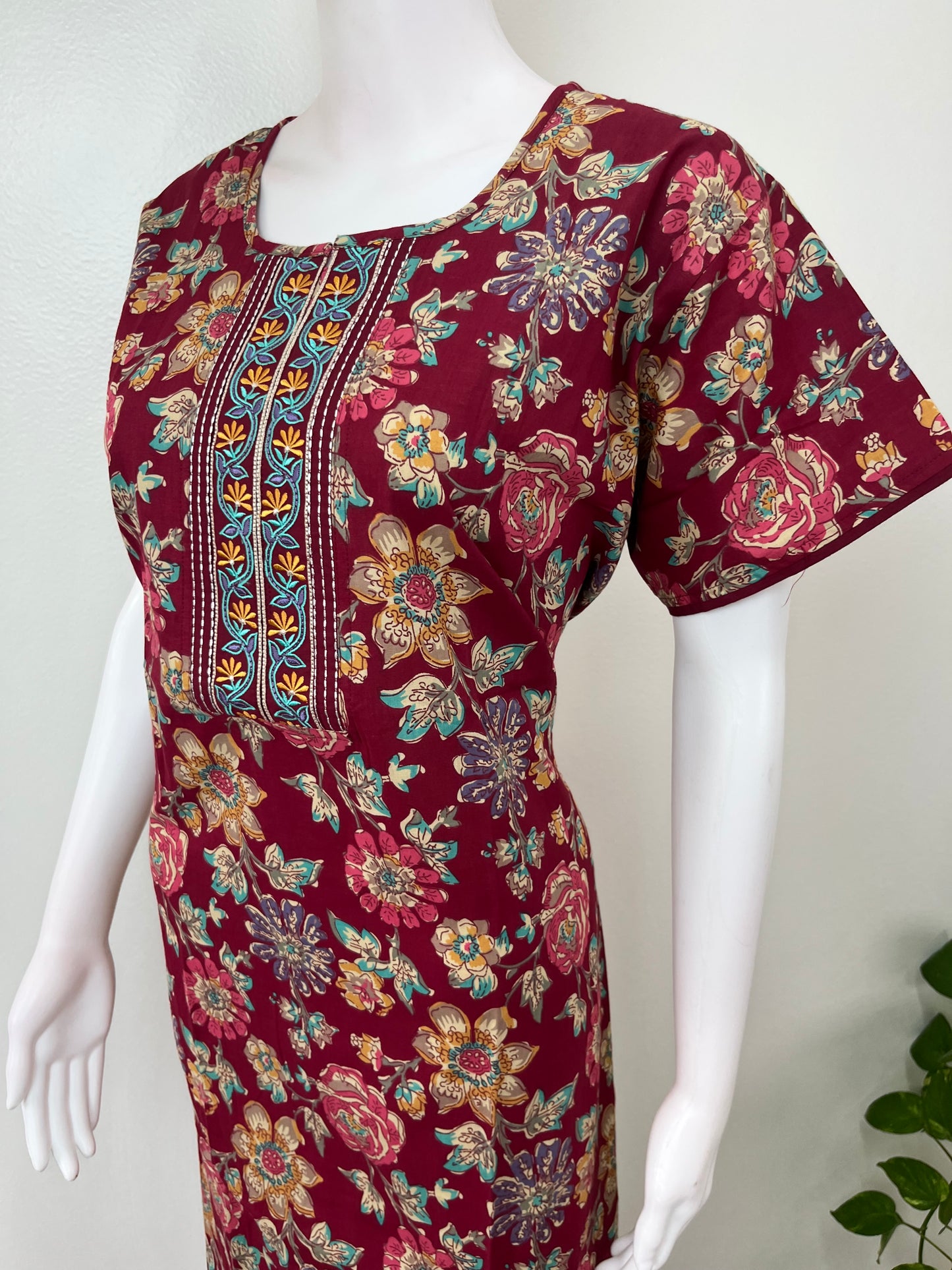 Maroon Floral Printed 100% Cotton Nightgown