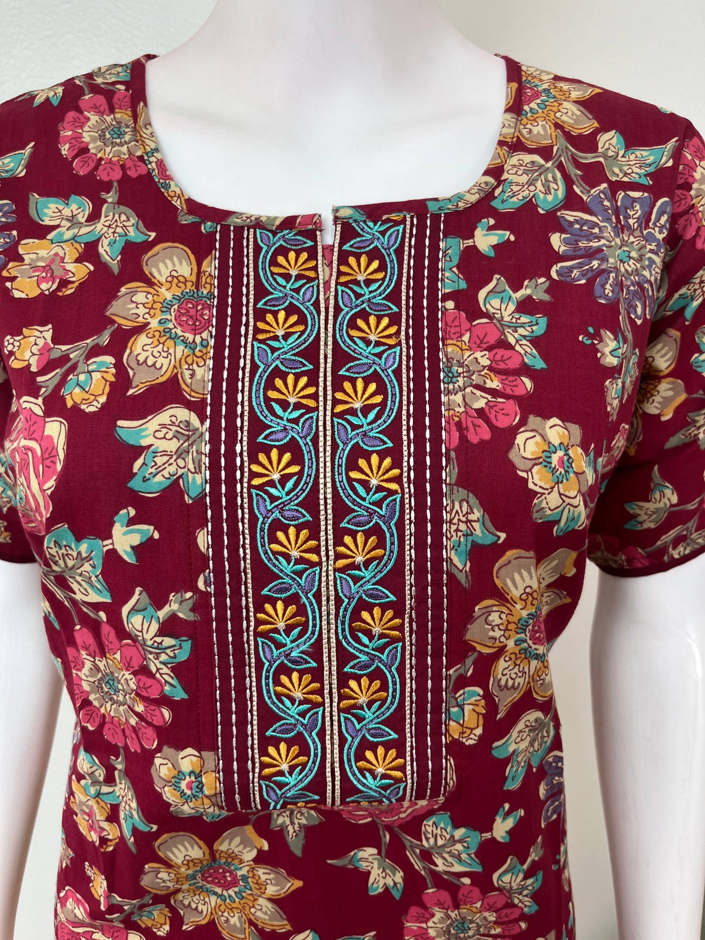 Maroon Floral Printed 100% Cotton Nightgown