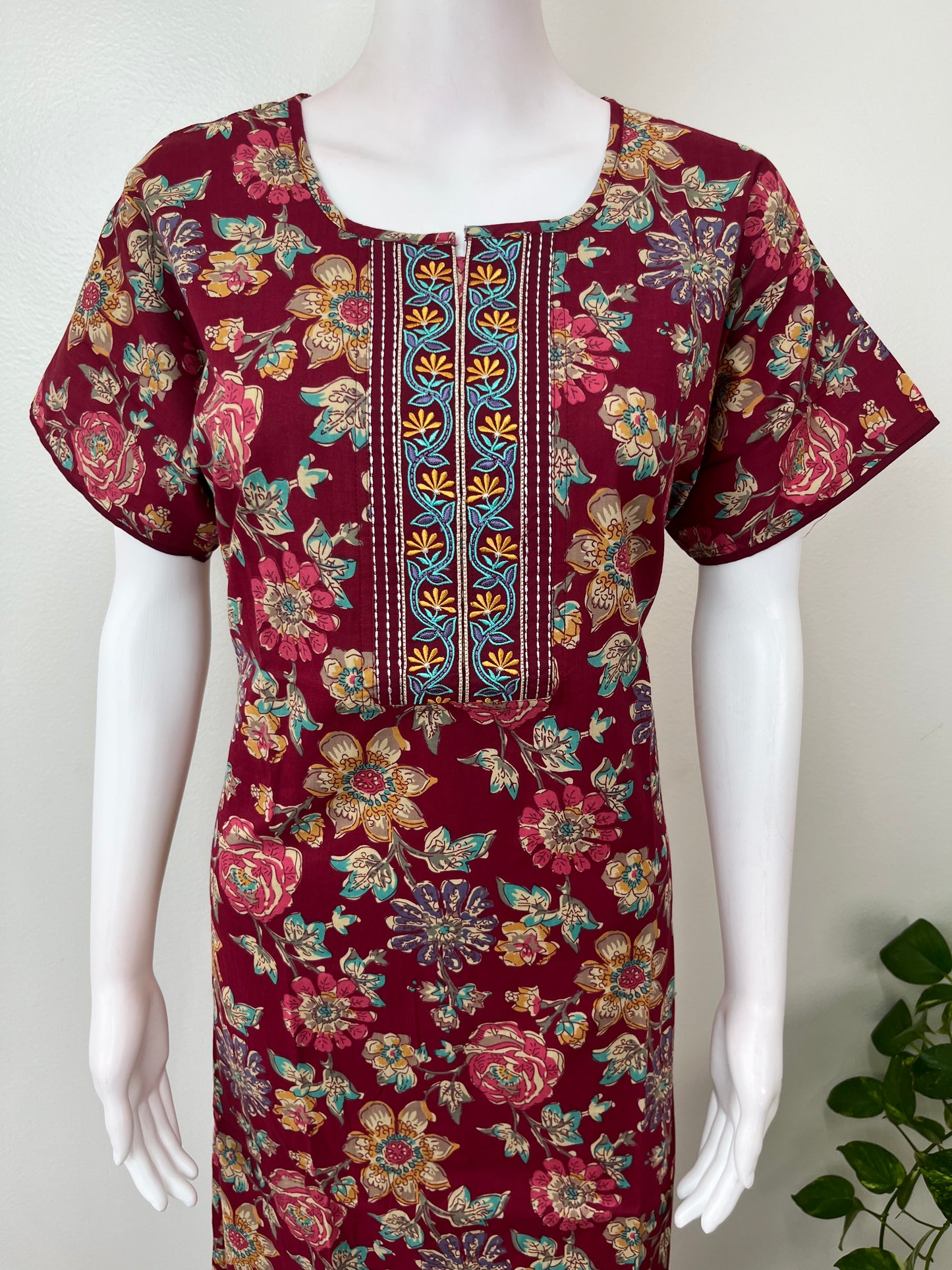 Maroon Floral Printed 100% Cotton Nightgown