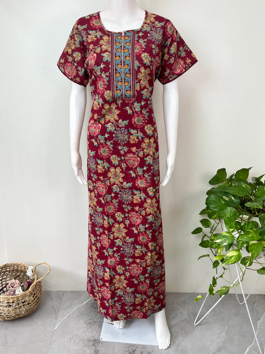 Maroon Floral Printed 100% Cotton Nightgown