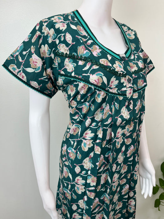 Green Floral Printed 100% Cotton Nightgown