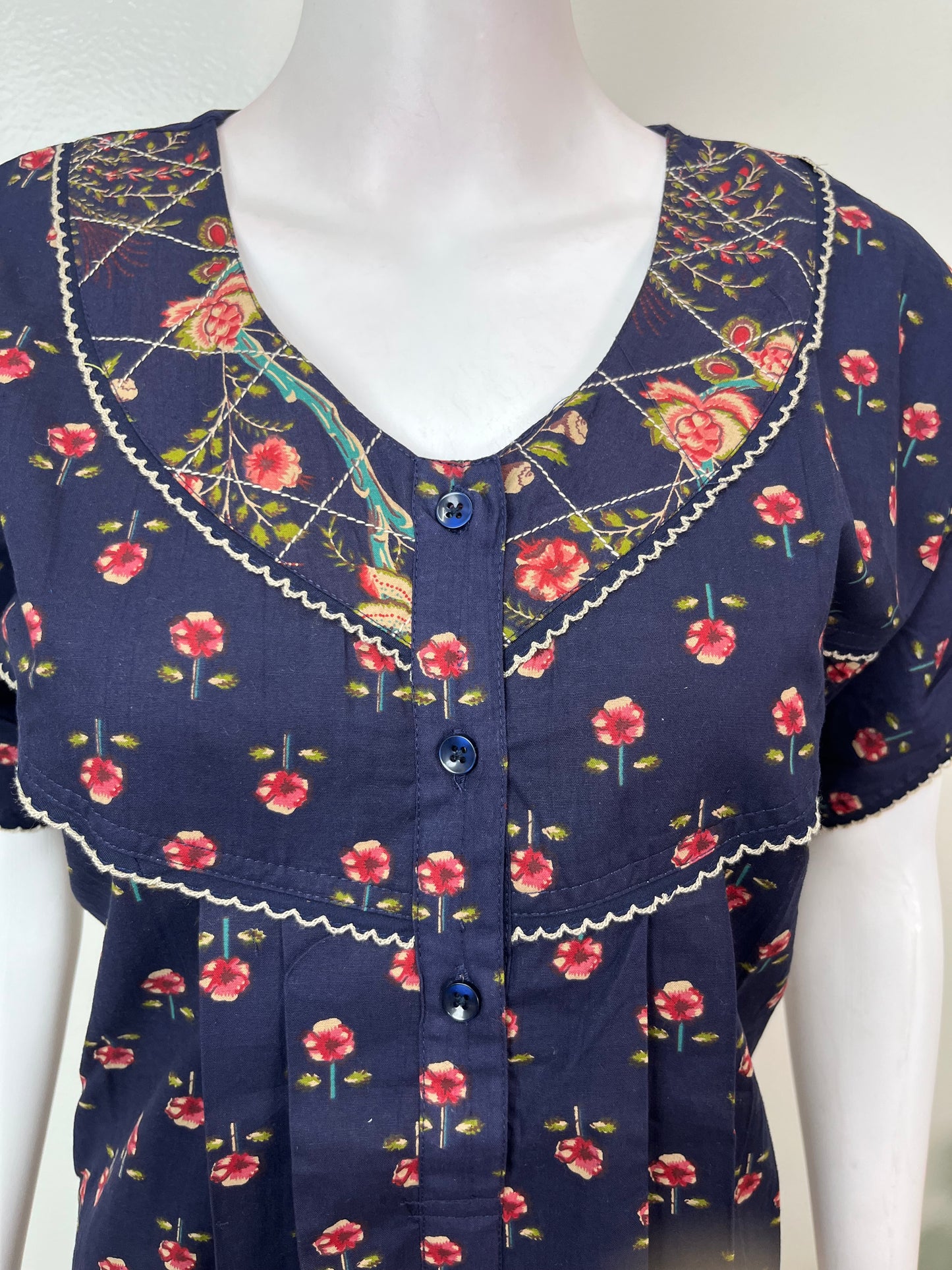 Navy Blue Floral Printed 100% Cotton Nightgown
