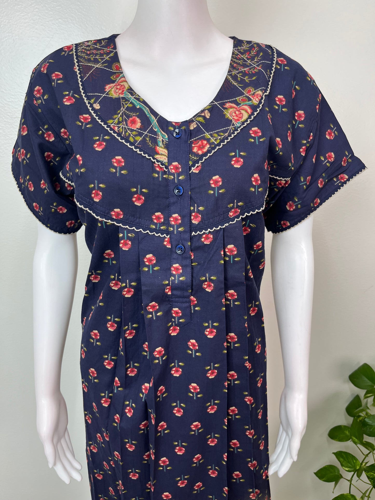 Navy Blue Floral Printed 100% Cotton Nightgown