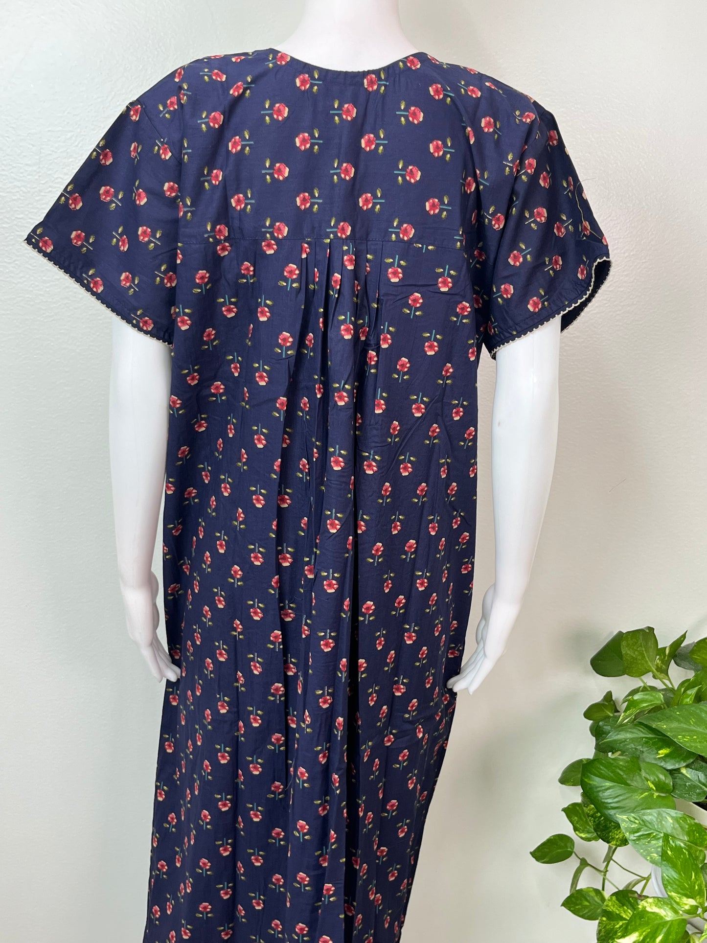 Navy Blue Floral Printed 100% Cotton Nightgown