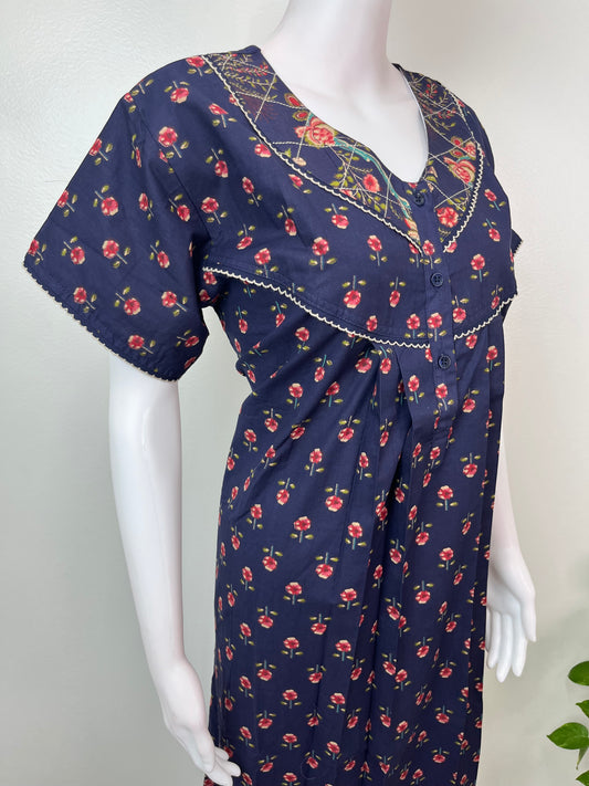 Navy Blue Floral Printed 100% Cotton Nightgown