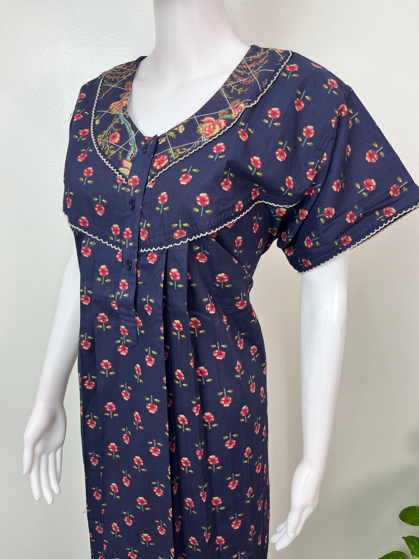 Navy Blue Floral Printed 100% Cotton Nightgown