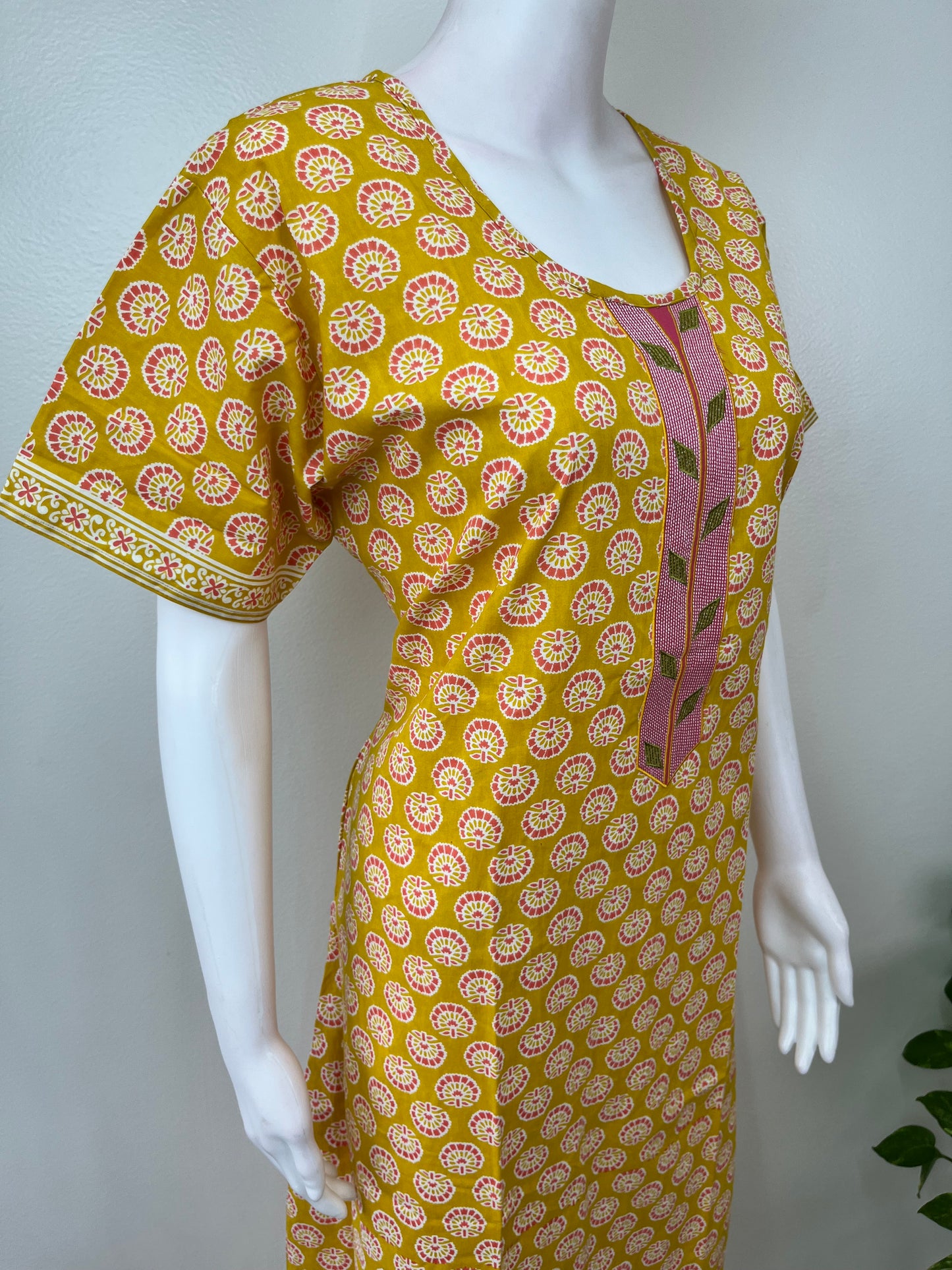 Yellow A-Line Pure Cotton Embroidered Nighty