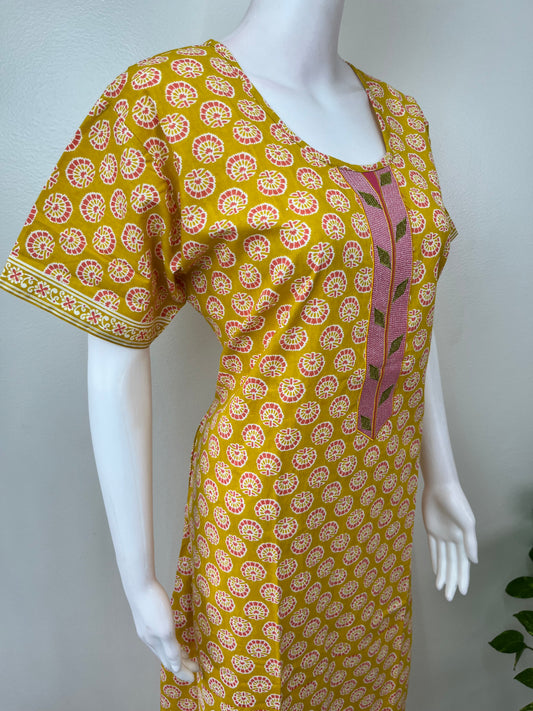 Yellow A-Line Pure Cotton Embroidered Nighty