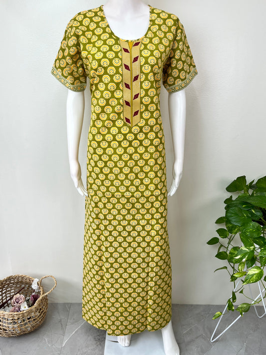 Green Classic Embroidered Pure Cotton Nightgown