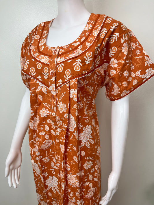 Orange Pleated Style Pure Cotton Nighty