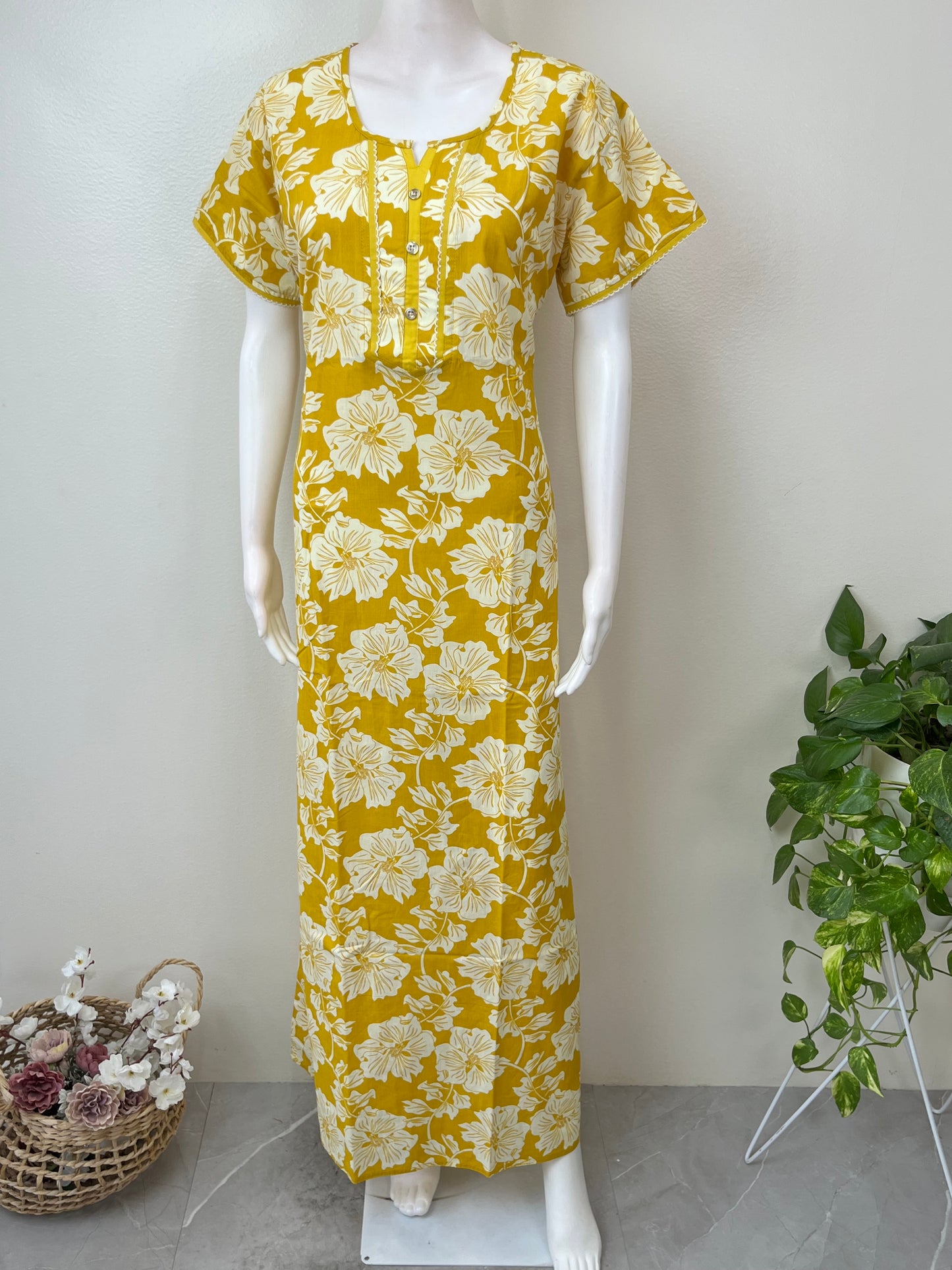 Yellow Floral Printed 100% Cotton Nightgown