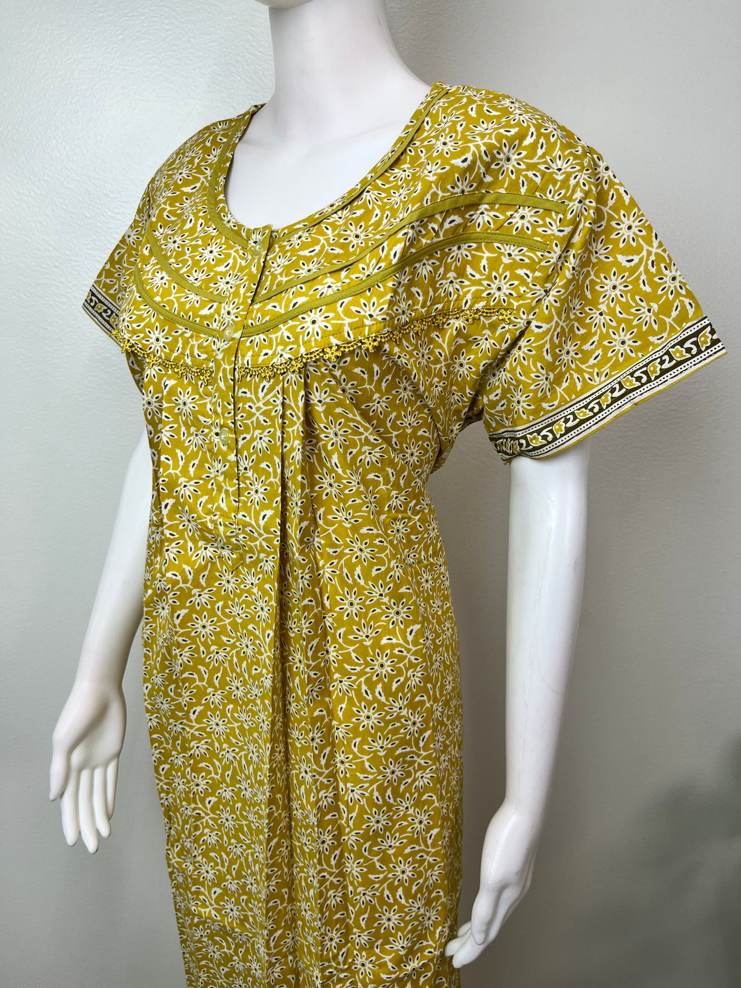 Yellow Pleated Style 100% Cotton Nightgown