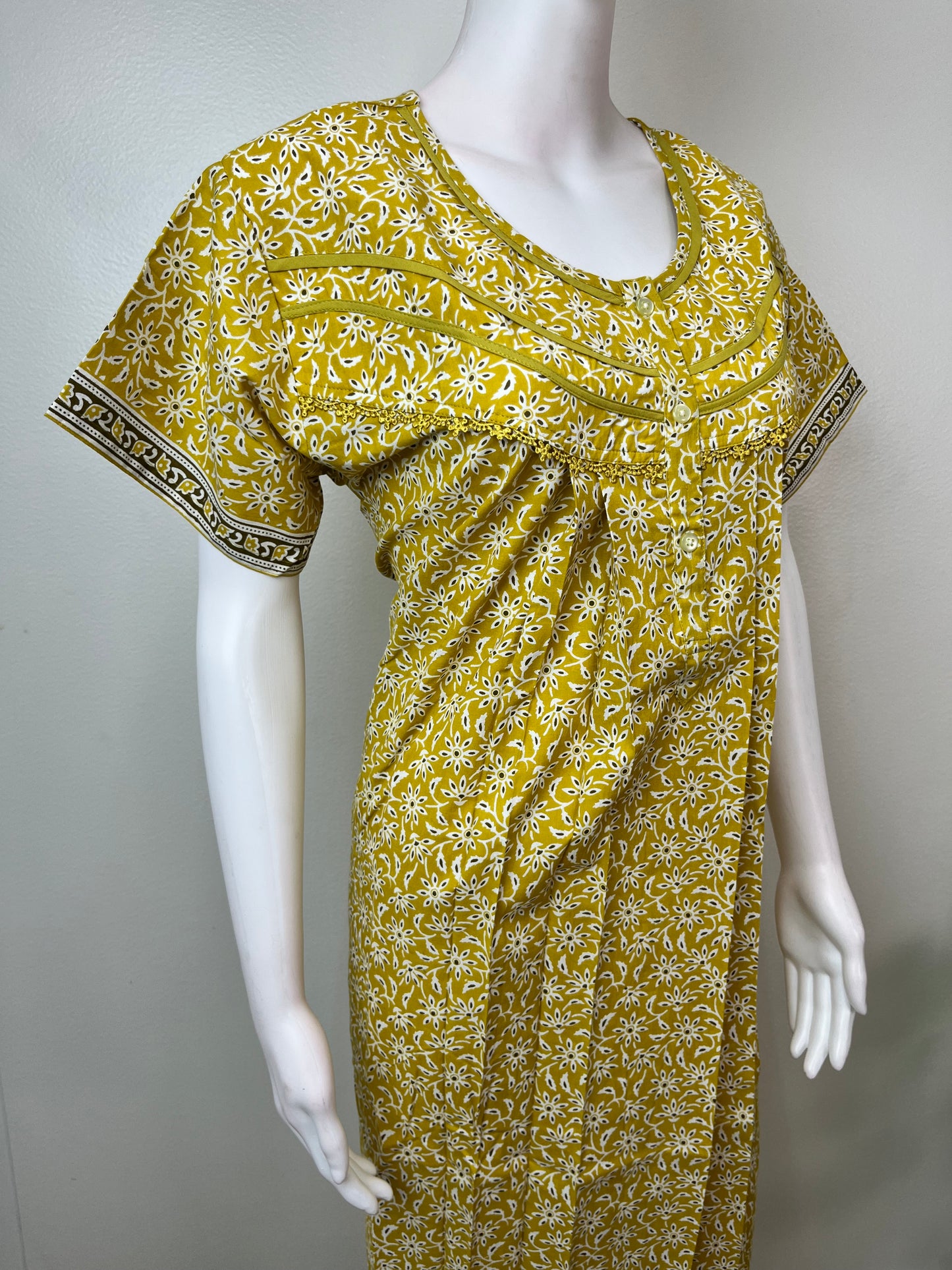 Yellow Pleated Style 100% Cotton Nightgown