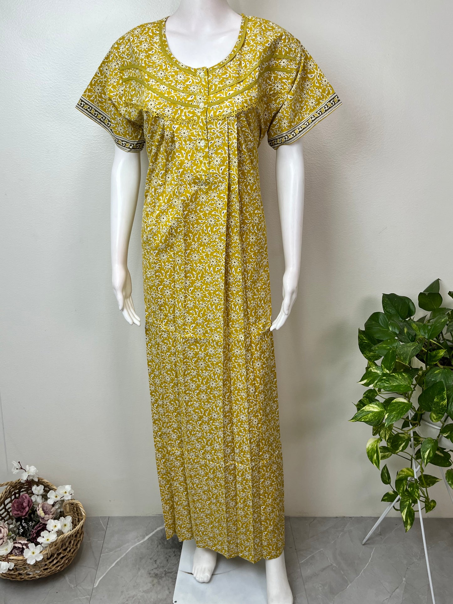 Yellow Pleated Style 100% Cotton Nightgown
