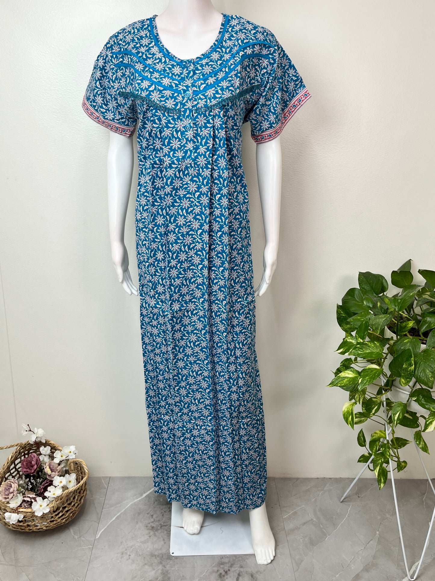 Blue Printed Pure Cotton Nighty