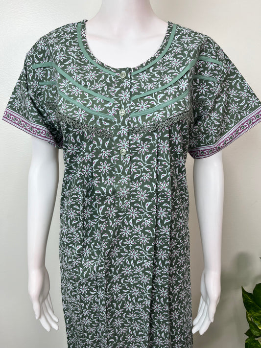 Emerald Green Floral Printed Pure Cotton Nightgown