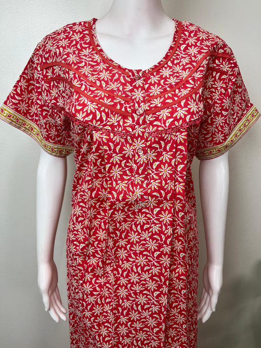 Red Floral Printed 100% Cotton Nighty