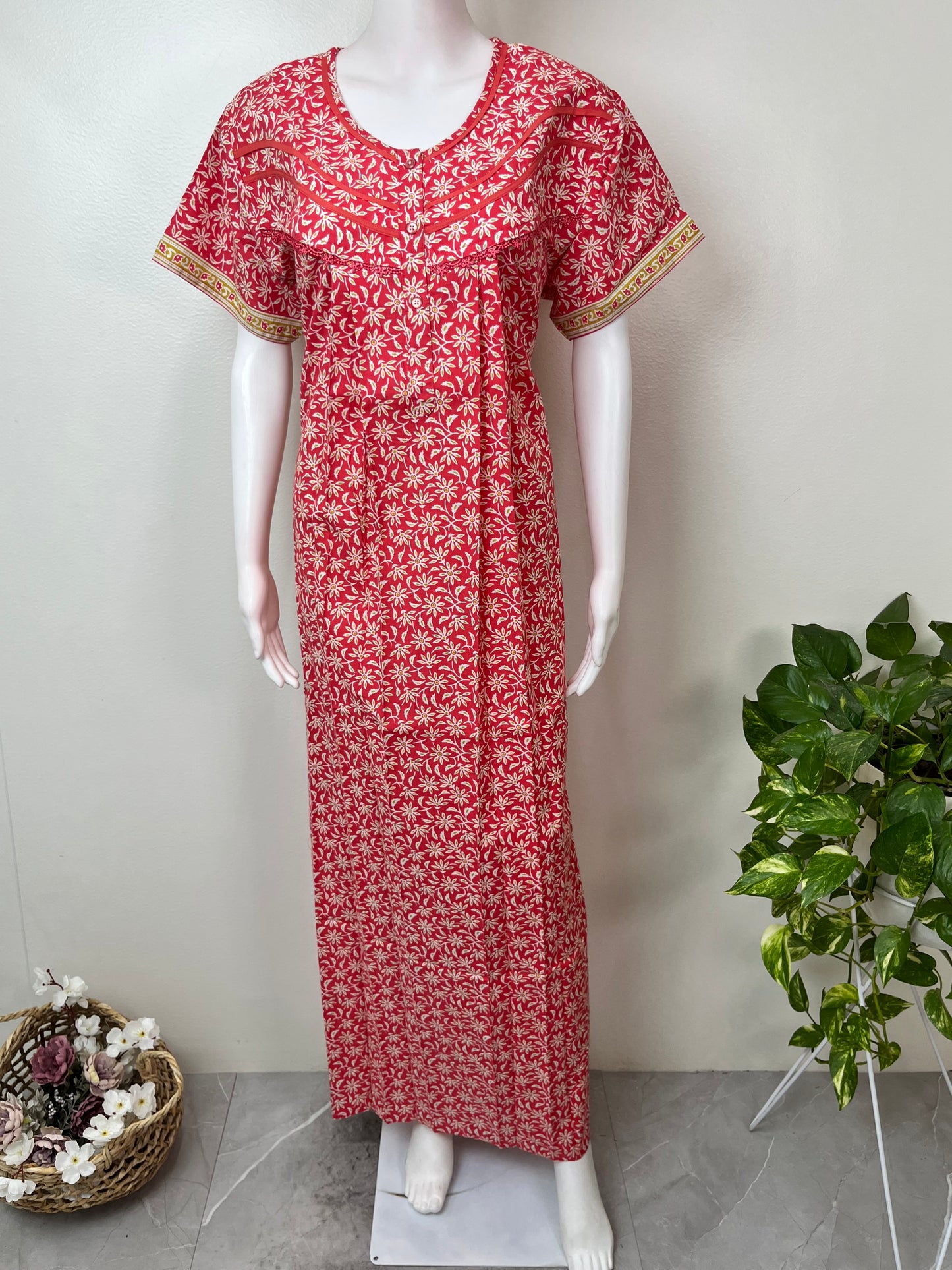 Red Floral Printed 100% Cotton Nighty
