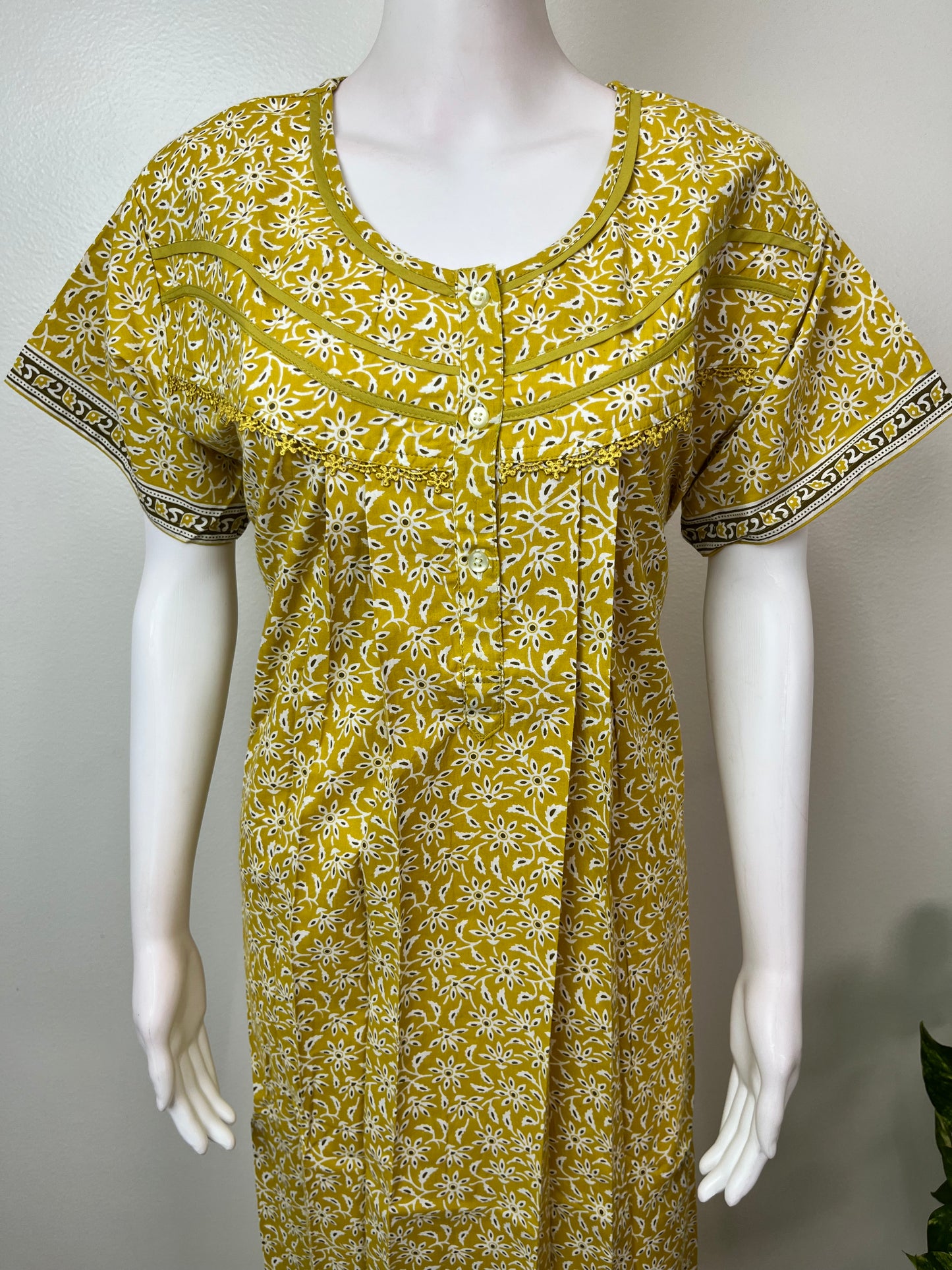 Yellow Pleated Style 100% Cotton Nightgown