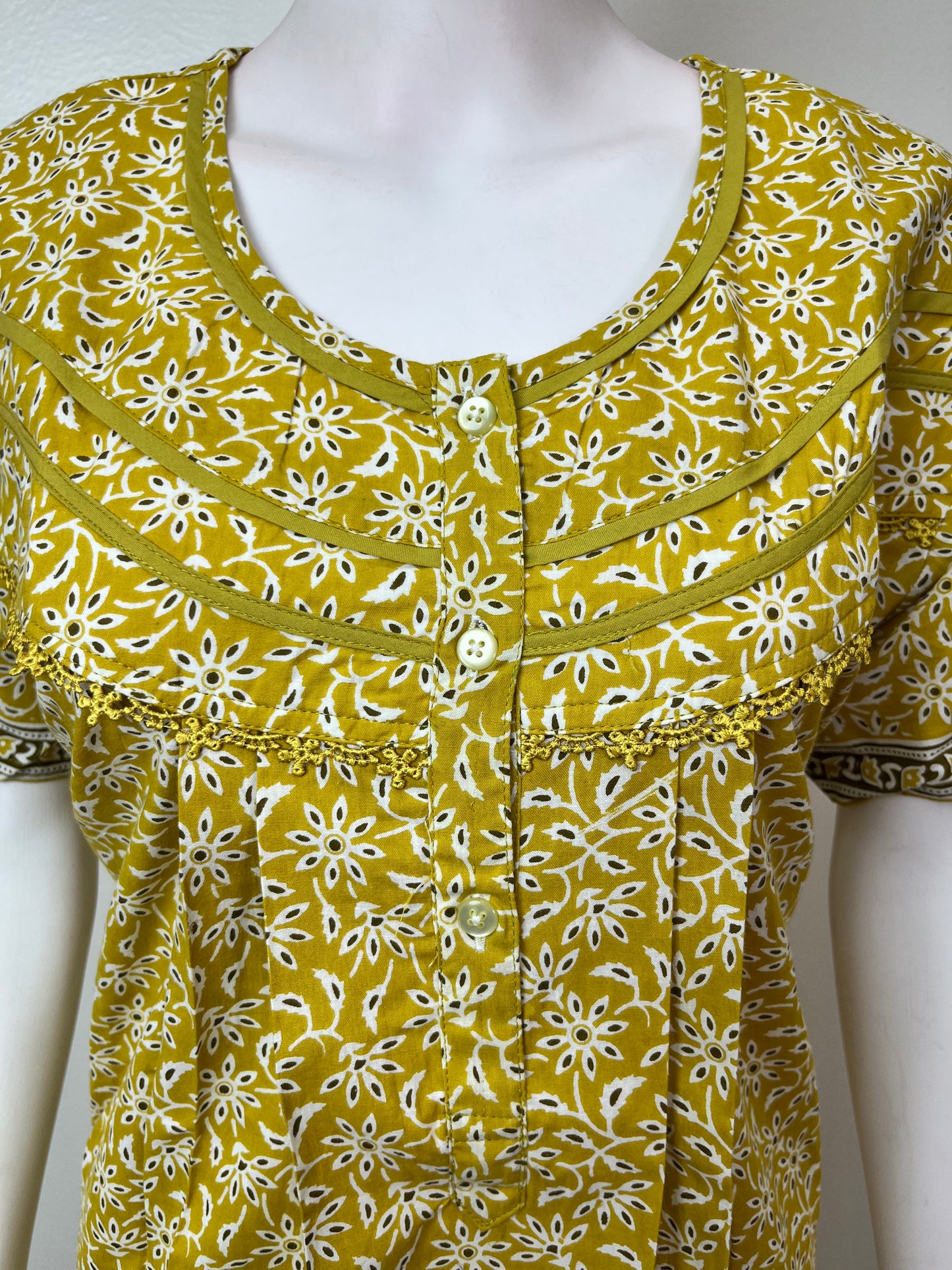 Yellow Pleated Style 100% Cotton Nightgown