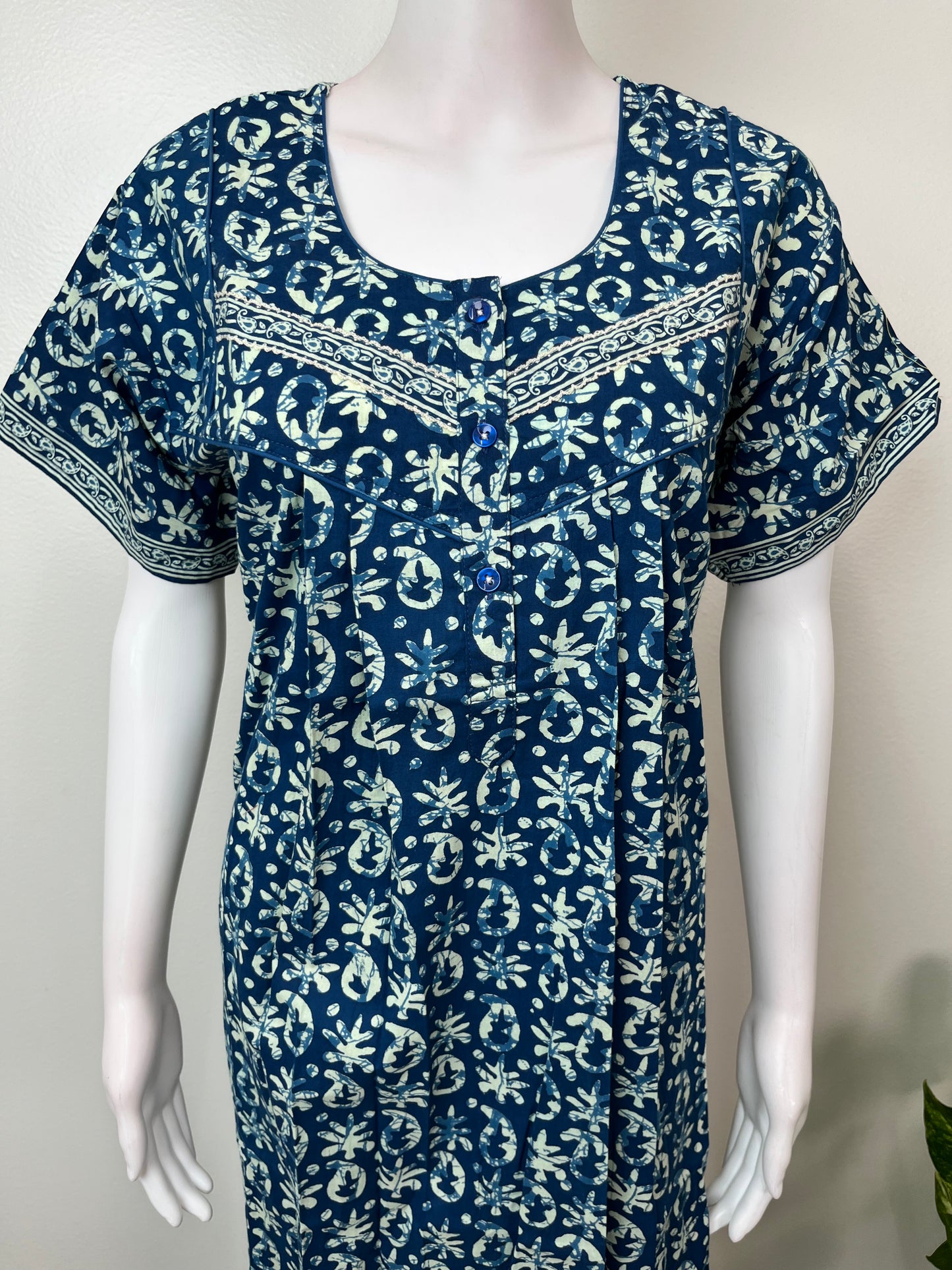 Blue Pleated Style Pure Cotton Nighty