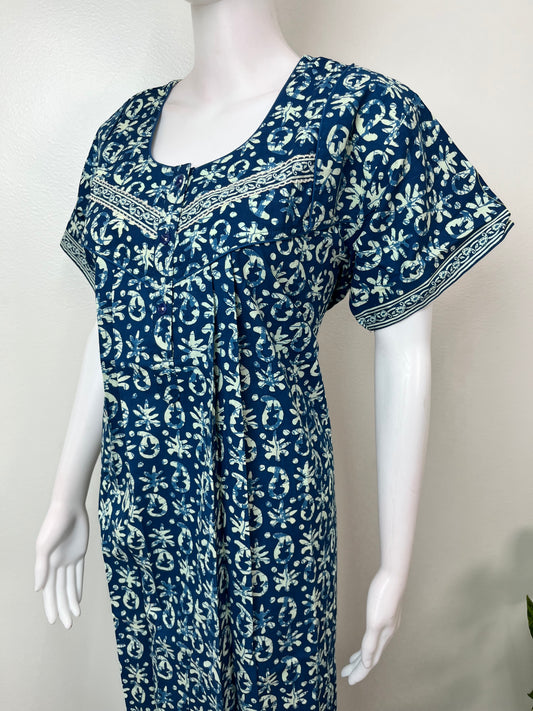 Blue Pleated Style Pure Cotton Nighty