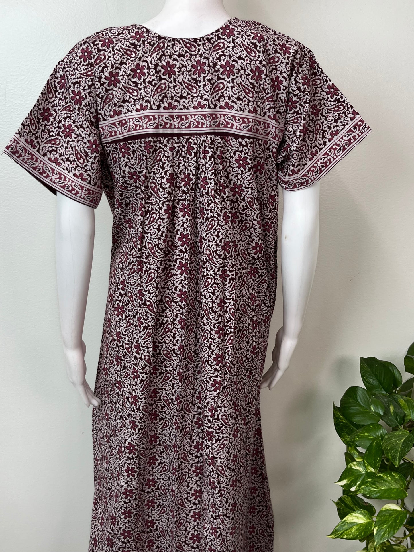 Wine Pleated Style Pure Cotton Nightgown