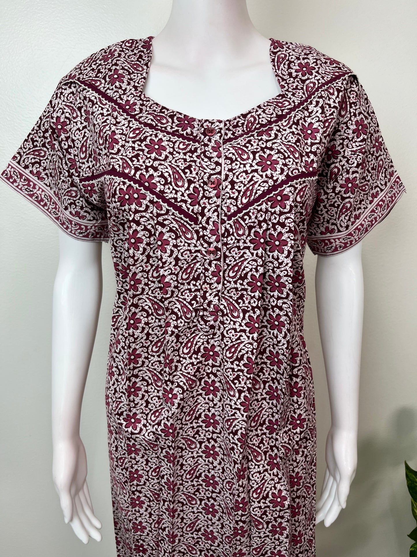 Wine Pleated Style Pure Cotton Nightgown