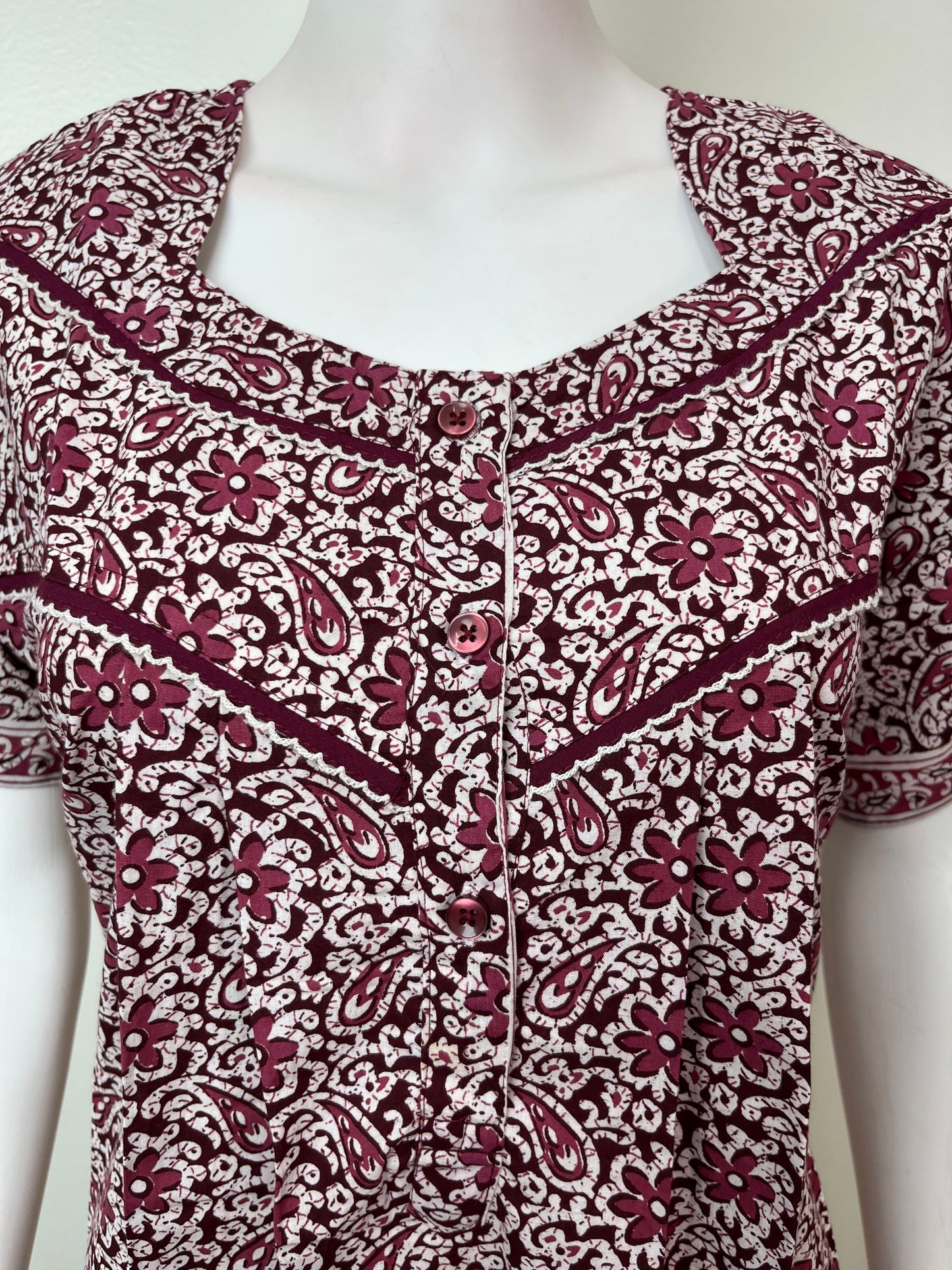 Wine Pleated Style Pure Cotton Nightgown