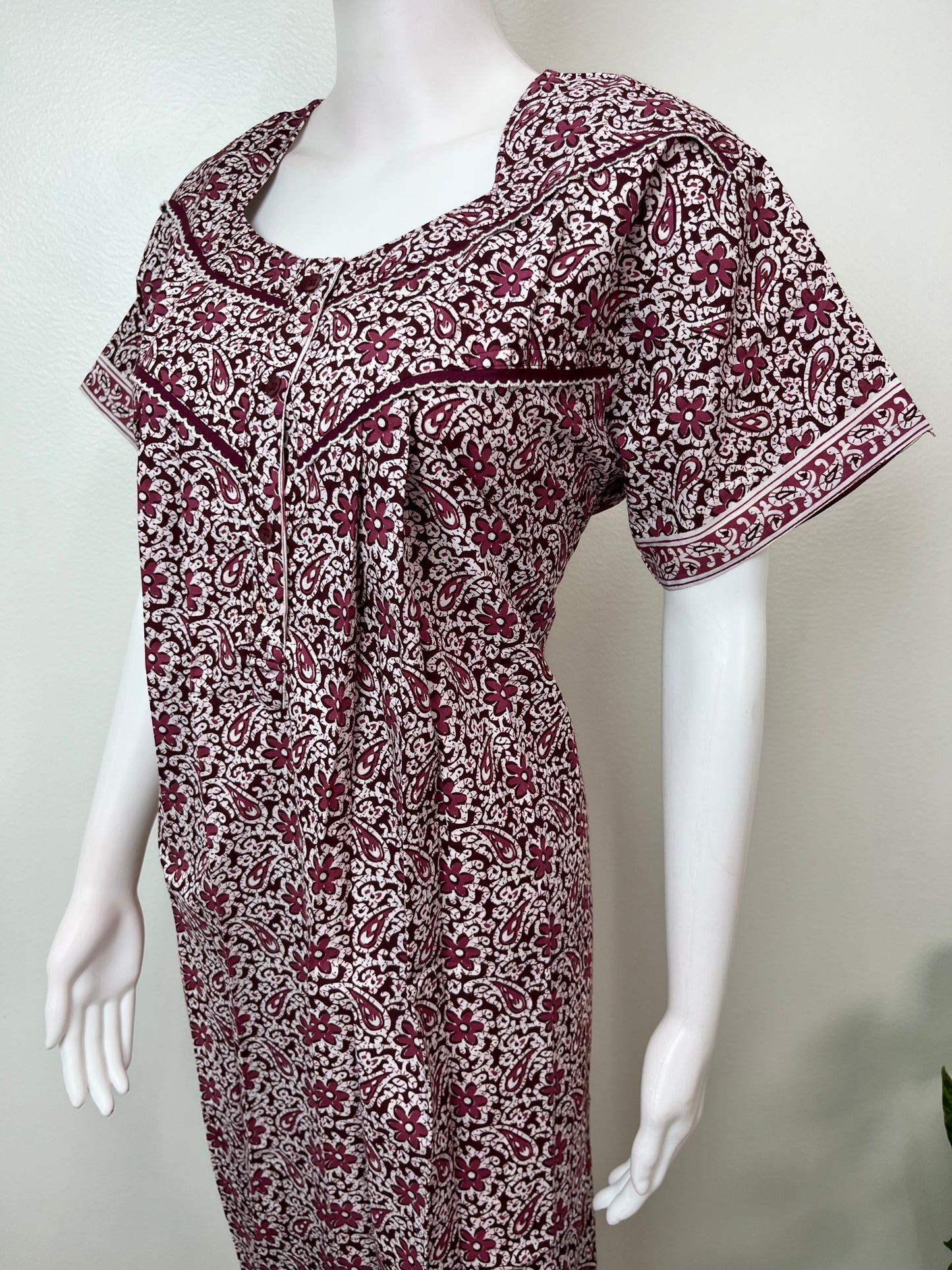 Wine Pleated Style Pure Cotton Nightgown