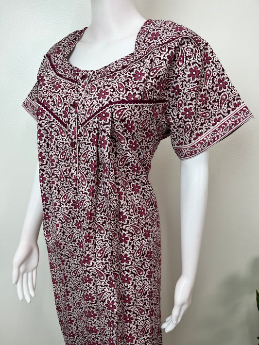 Wine Pleated Style Pure Cotton Nightgown