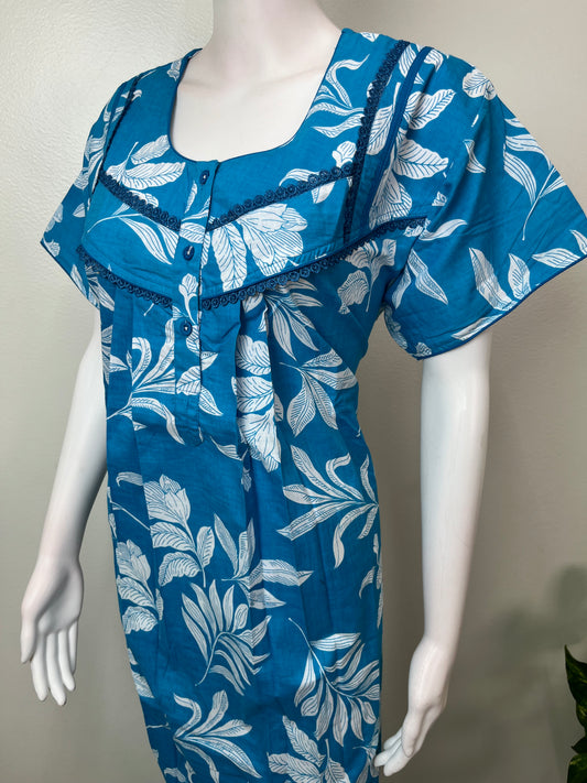 Aqua Blue Pure Cotton Nightgown Elegant & Breathable