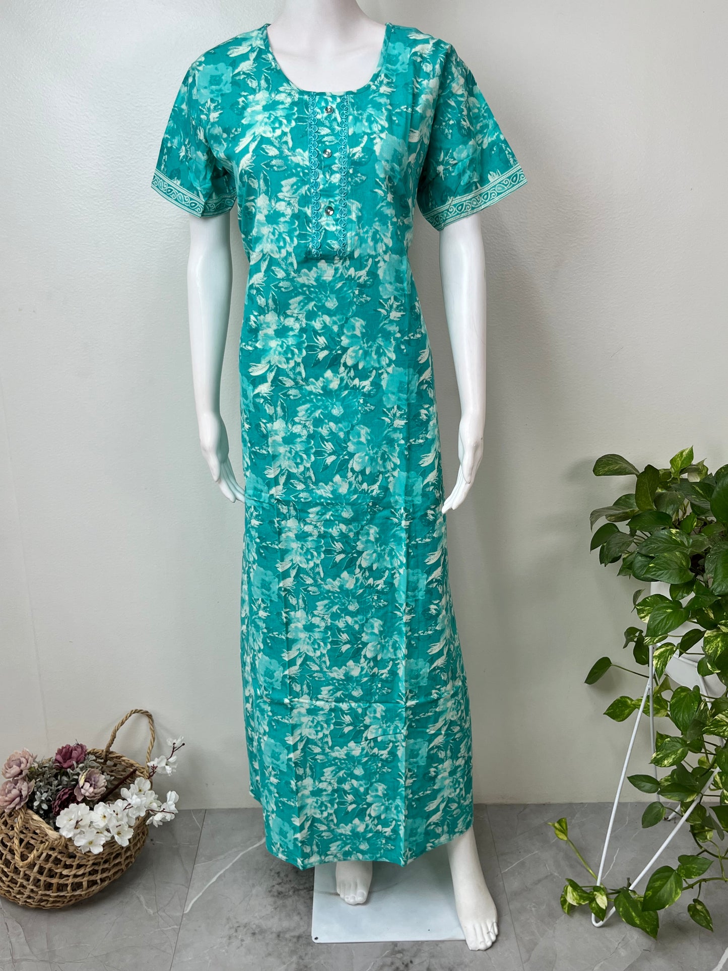Sea Green Printed 100% Cotton Nightgown