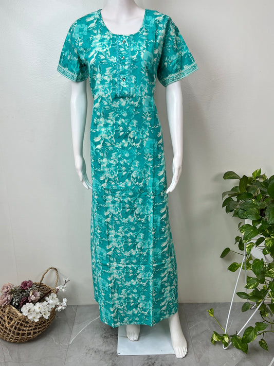 Sea Green Printed 100% Cotton Nightgown