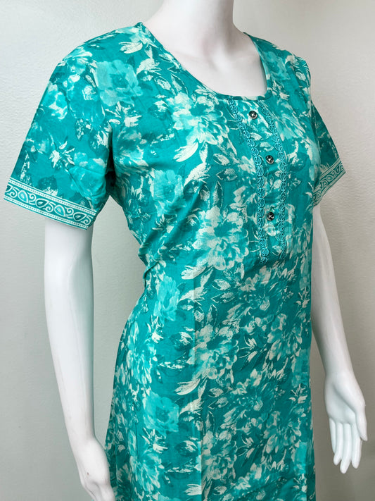 Sea Green Printed 100% Cotton Nightgown
